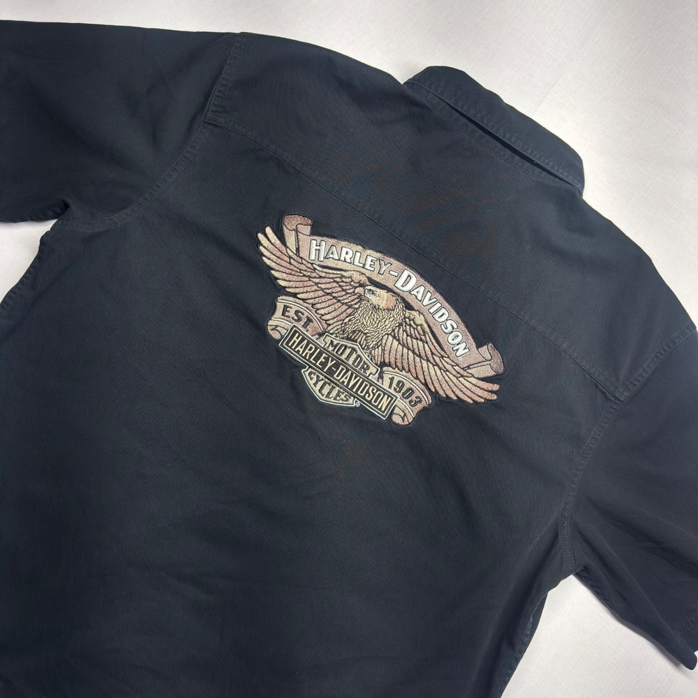 Harley-Davidson Mens Black Short Sleeve Embroidered Eagle Button Up Shirt XL